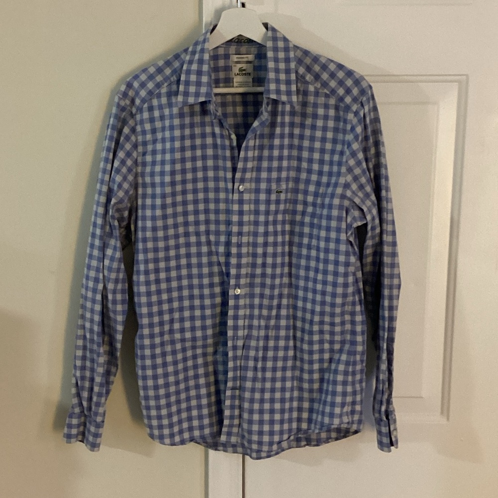 Lacoste Men’s Light Blue and White Gingham Button-Down Shirt